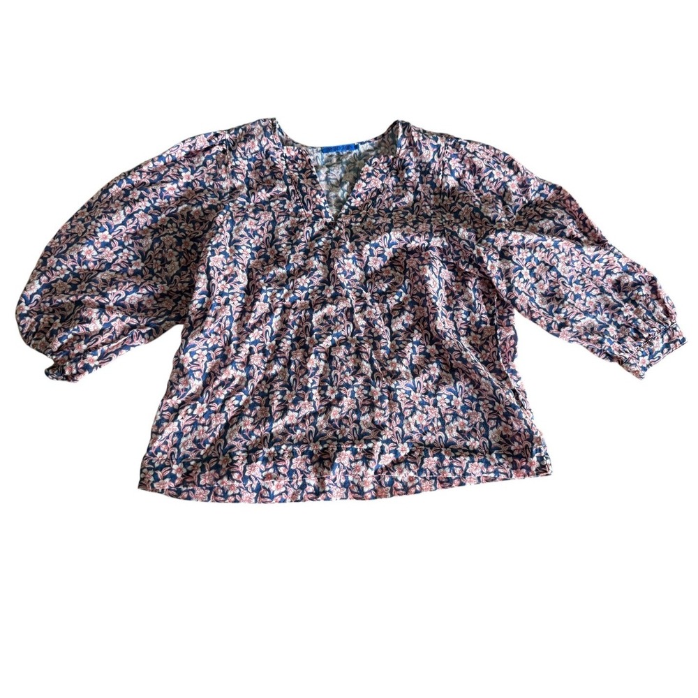 J. McLaughlin Floral Peasant Blouse Medium Blue Pink Balloon Sleeve Notch Neck